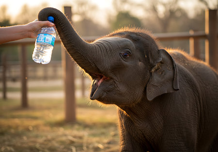 Close-up of a young elephant receiving a bottle of water. Generative Aiの素材