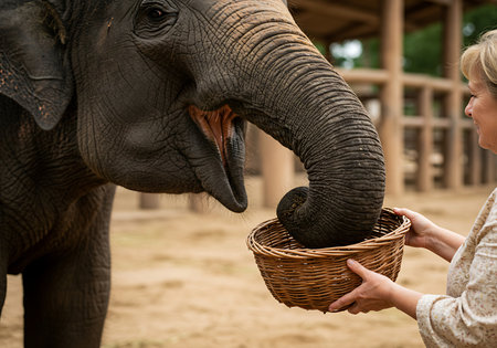 A woman gently offers a wicker basket of greens to a large elephant. Generative Aiの素材