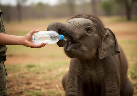 A close-up shot of a human hand offering a plastic water bottle to a young elephant. Generative Aiの素材