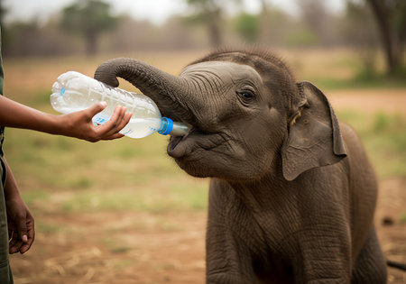 A close-up shot of a human hand offering a plastic water bottle to a young elephant. Generative Aiの素材