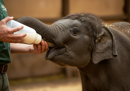 Close-up of a zookeeper feeding a baby Asian elephant with a bottle of milk. Generative Aiの素材