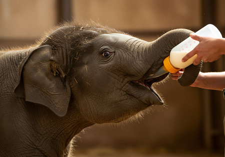 Close-up of a zookeeper feeding a baby Asian elephant with a bottle of milk. Generative Aiの素材