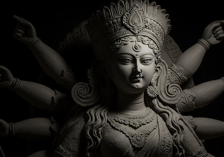 A striking close-up of a meticulously carved clay statue of Durga, a prominent Hindu goddess. Generative Aiの素材