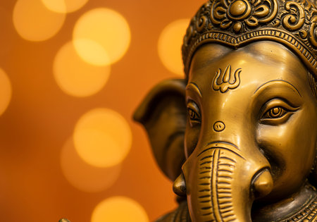 This close-up image showcases intricate details of a golden Ganesh statue. Generative Aiの素材