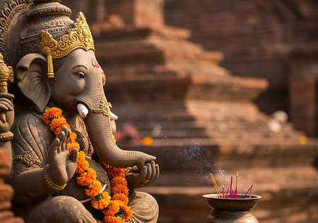 Close-up of a beautifully detailed statue of Ganesha, the Hindu god of beginnings, adorned with vibrant orange marigolds. Generative Aiの素材