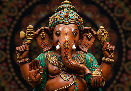 This close-up image showcases a meticulously carved wooden statue of Ganesha, the Hindu god of beginnings. Generative Aiの素材