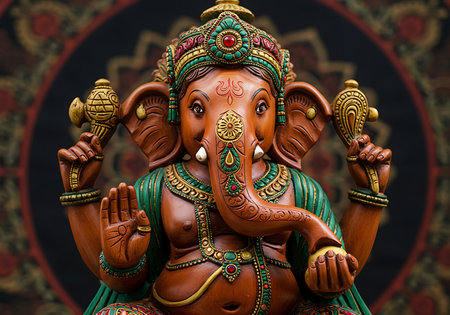 This close-up image showcases a meticulously carved wooden statue of Ganesha, the Hindu god of beginnings. Generative Aiの素材