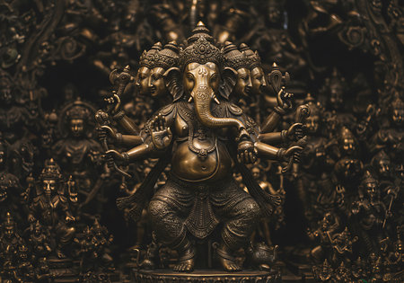 A close-up view of a large, intricately detailed bronze statue of the Hindu god Ganesha, showcasing multiple arms and a prominent elephant head. Generative Aiの素材