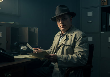 A mature man in a trench coat and fedora, reminiscent of a 1940s detective, sits at a dimly lit desk, poring over documents. Generative Aiの素材