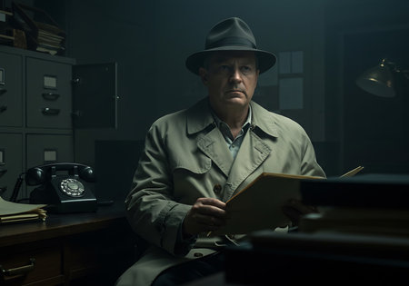 A mature man in a trench coat and fedora, reminiscent of a 1940s detective, sits at a dimly lit desk, poring over documents. Generative Aiの素材