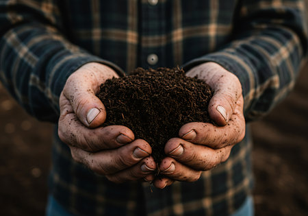 A close-up image of a farmer's hands holding a generous amount of rich, dark brown soil. Generative Aiの素材