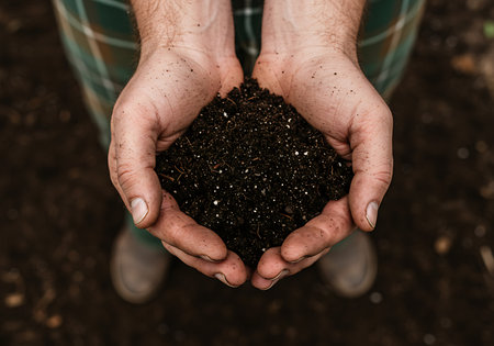 Close-up view of a handful of dark brown soil held in the hands of a person. Generative Aiの素材