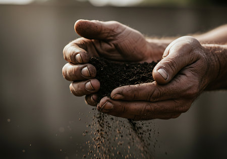 Close-up of weathered hands holding a handful of dark rich soil, with some soil falling from the hands. Generative Aiの素材