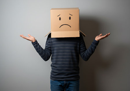 A person wearing a cardboard box as a head, with an unhappy face drawn on it, is shown against a gray background. Generative Aiの素材