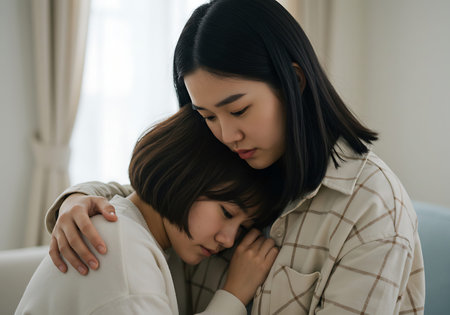 Close-up of two young Asian women embracing. Generative Aiの素材