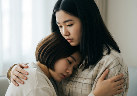 Close-up of two young Asian women embracing. Generative Aiの素材