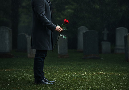 A man in a suit, walking away from the camera, holds a single red rose. Generative Aiの素材