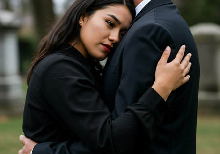A close-up of a woman and a man embracing at a cemetery, suggesting a moment of shared grief and solace. Generative Aiの素材