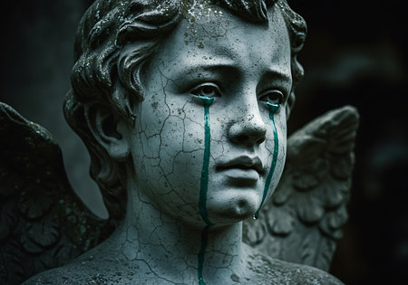 A close-up of a weathered cherubic angel statue, appearing sorrowful. Generative Aiの素材
