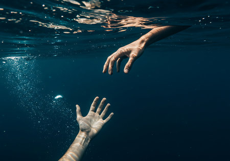 A powerful and evocative underwater shot of two outstretched hands, one seemingly struggling, the other reaching out in a gesture of assistance. Generative Aiの素材