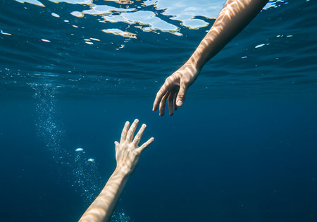 An underwater shot captures two hands, one slightly submerged and extending towards the other, which is above the waterline. Generative Aiの素材