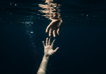 Two hands reaching towards each other beneath the dark surface of water. Generative Aiの素材