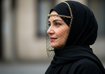 A close-up profile view of a woman wearing a black hijab and a delicate, gold-beaded face veil. Generative Aiの素材