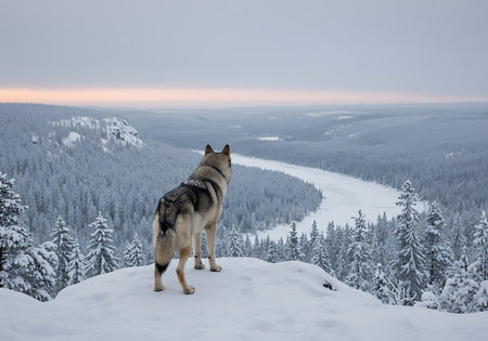 A gray and white wolfdog stands on a snow-covered mountaintop, overlooking a vast expanse of snowy forest and a winding river. Generative Aiの素材