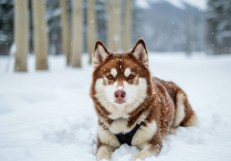 A close-up of a reddish-brown dog, possibly a husky mix, lying in a snowy landscape. Generative Aiの素材