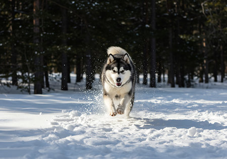 A captivating image of a black and white Alaskan Husky running through a snowy forest. Generative Aiの素材