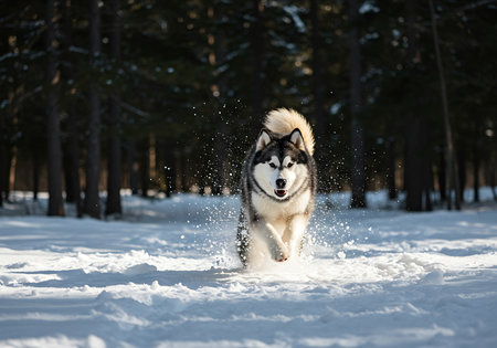 A captivating image of a black and white Alaskan Husky running through a snowy forest. Generative Aiの素材