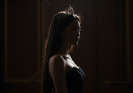 A dramatic profile shot of a woman wearing a beautiful crown, creating a captivating silhouette against a dark, smoky background. Generative Aiの素材
