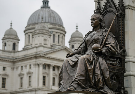 A detailed close-up of a bronze statue of Queen Victoria seated on a throne, in front of a large, light gray building. Generative Aiの素材