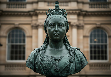 A detailed close-up of a bronze bust of Queen Victoria, showcasing intricate details of her crown, facial features, and attire. Generative Aiの素材