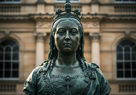 A detailed close-up of a bronze bust of Queen Victoria, showcasing intricate details of her crown, facial features, and attire. Generative Aiの素材
