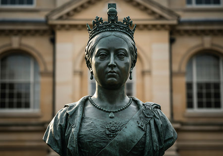 A detailed close-up of a bronze bust of Queen Victoria, showcasing intricate details of her crown, facial features, and attire. Generative Aiの素材