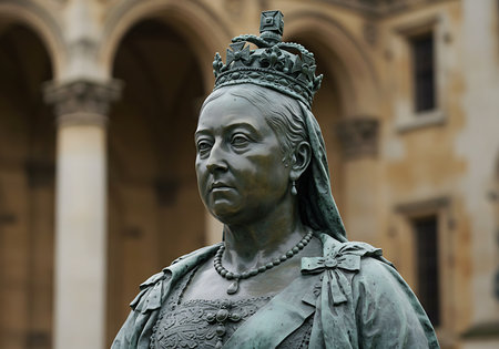 Detailed close-up of a bronze statue of Queen Victoria, featuring intricate details of her crown, face, and dress. Generative Aiの素材