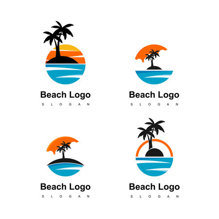 Beach Logo, Circle Land With Palm Tree Icon For Travel Agentのイラスト素材