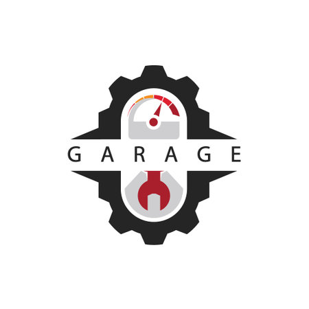 Automotive garage logo.Emblem with Gear and Wrench Elementのイラスト素材