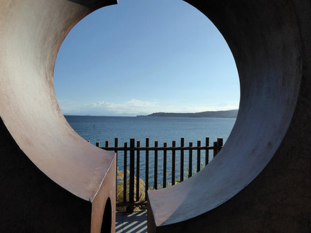 Modern Art with view of Lake and volcano in background in new zealandの写真素材