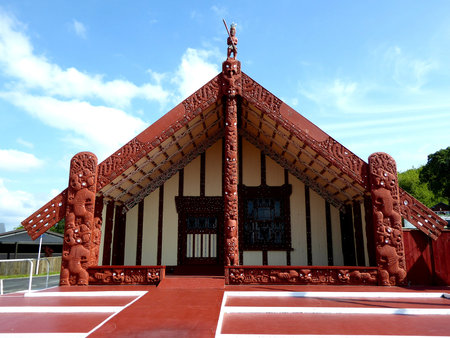 Close up of Traditional Maori food house wooden carved with decoration new zealandの写真素材