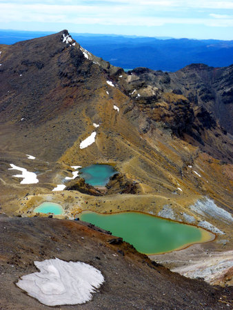 Tongariro vulcano crossing emerald lake in geothermal National Park in New Zealandの写真素材