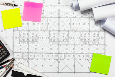Abstract engineering drawings background with blank for your word. Construction plan tools with empty space on desk.の写真素材