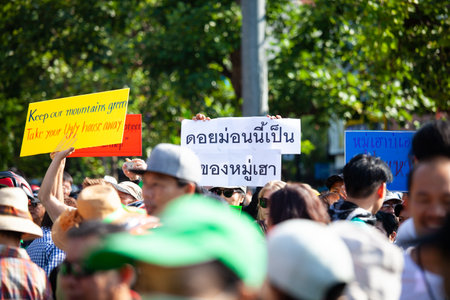 Chiang Mai, Thailand-April 29, 2018: Crowd remonstrate against housing project of appeal court in the forest.のeditorial素材