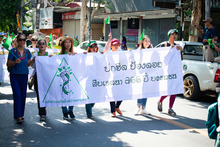 Chiang Mai, Thailand-April 29, 2018: Crowd remonstrate against housing project of appeal court in the forest.のeditorial素材
