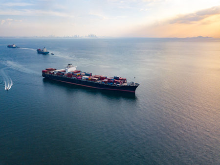 Aerial view from drone, a cargo vessel with peaceful sea in beautiful scenic sky. Professional...
