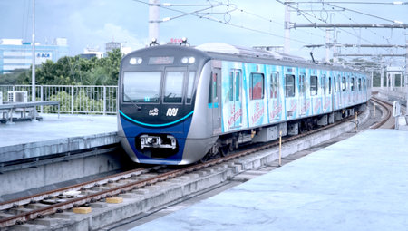 Jakarta, Indonesia: MRT (Mass Rapid Transit) train, in CIty of Jakarta, Indonesia. View from MRT Station Lebak Bulusのeditorial素材