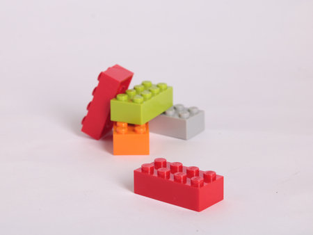 Plastic building blocks isolated on a white background. Close-up.のeditorial素材