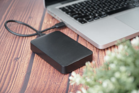 External hard drive and laptop on the wooden table, vintage color tone