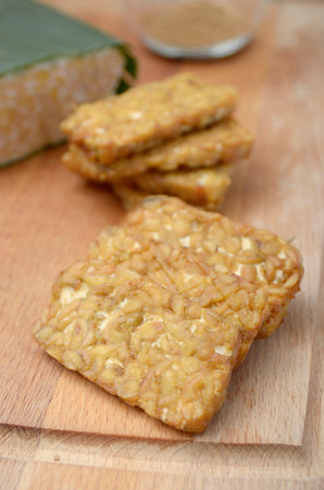 Fried tempeh, delicious and high nutrition, ingredient from soybean, Indonesian Foodの写真素材